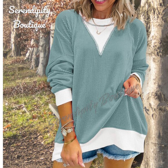 Serendipity Boutique Tops - Patel Teal Slouchy Drop Shoulder Ribbed Long Sleeve Layered Look Drapery Top